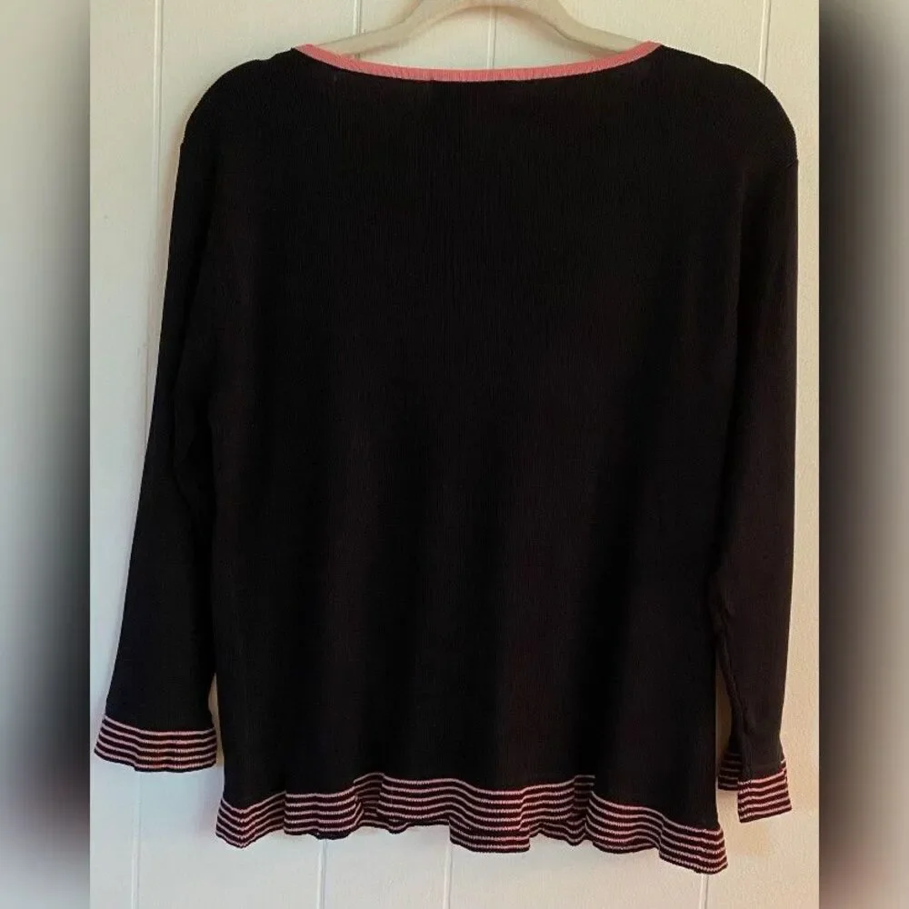 Finity Top Women’s Large Black Knit Pink Striped Trim Ruffled